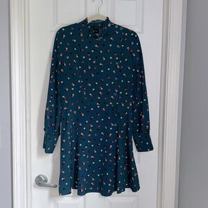 Who What Wear Teal Button-Front Multicolored Polka Dot Long-Sleeve Dress | M